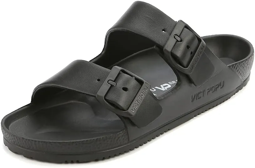 VICT POPU Womens Sandals Adjustable Double Buckle Strap Waterproof EVA Flat Slides
