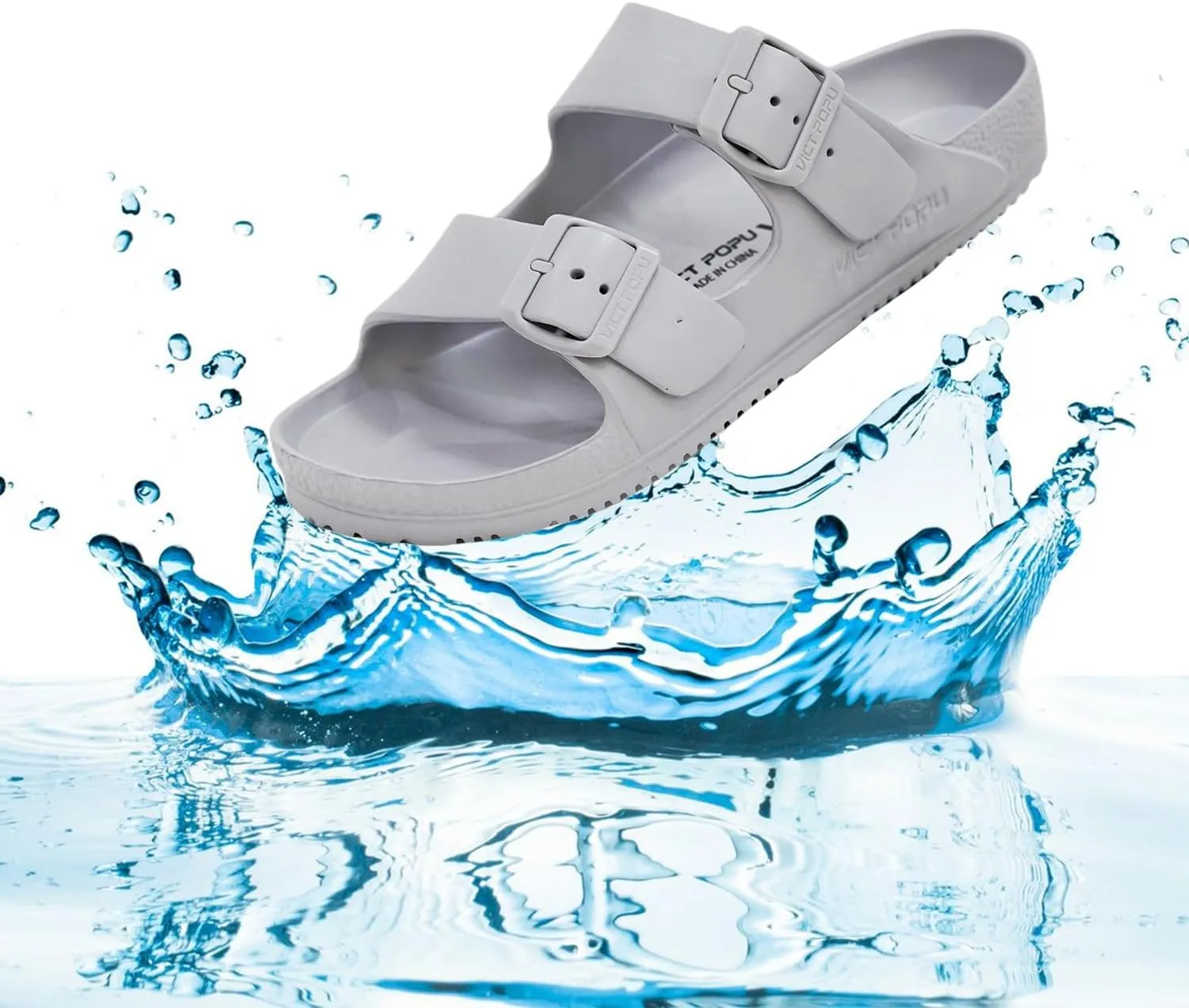 VICT POPU Womens Sandals Adjustable Double Buckle Strap Waterproof EVA Flat Slides