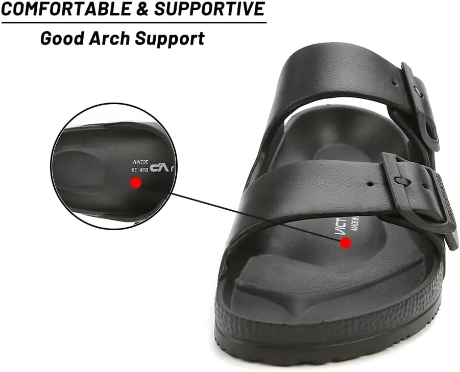 VICT POPU Womens Sandals Adjustable Double Buckle Strap Waterproof EVA Flat Slides