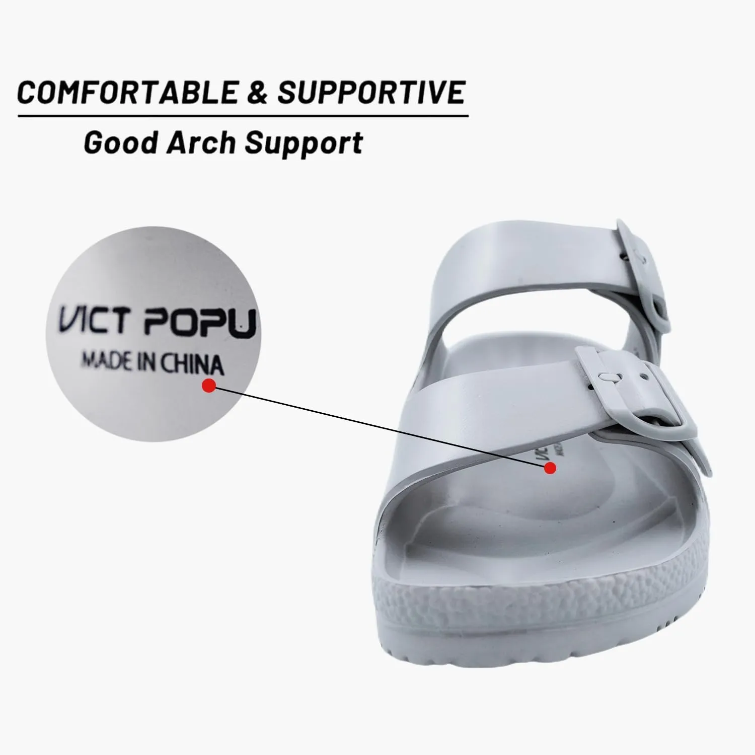 VICT POPU Womens Sandals Adjustable Double Buckle Strap Waterproof EVA Flat Slides