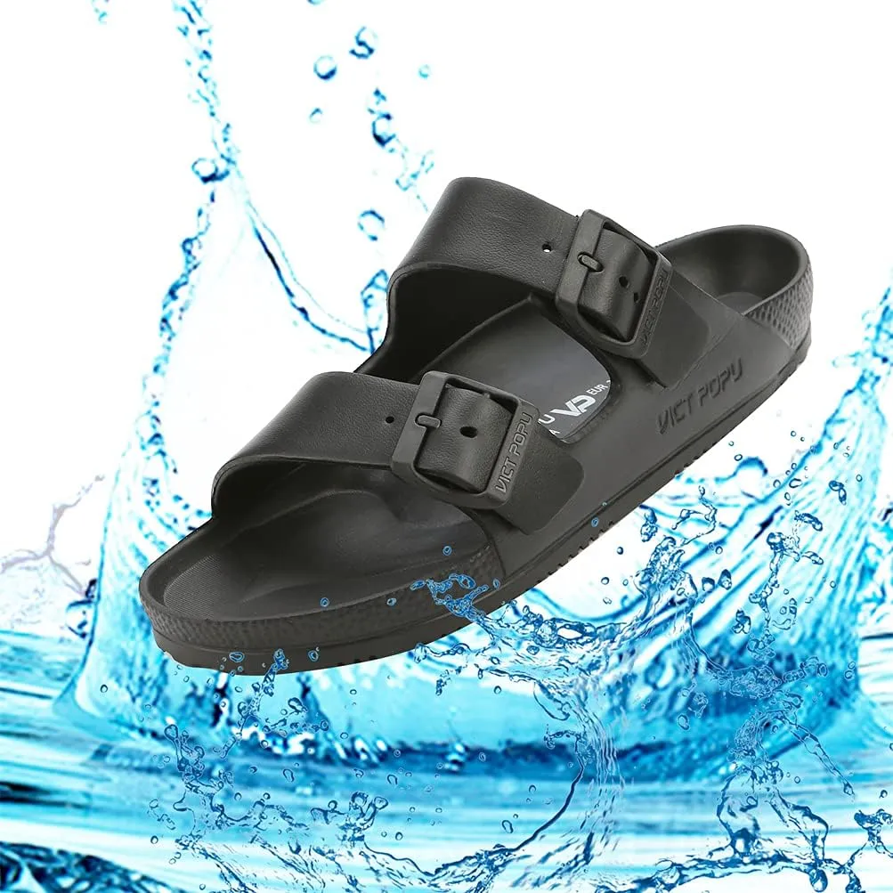 VICT POPU Womens Sandals Adjustable Double Buckle Strap Waterproof EVA Flat Slides