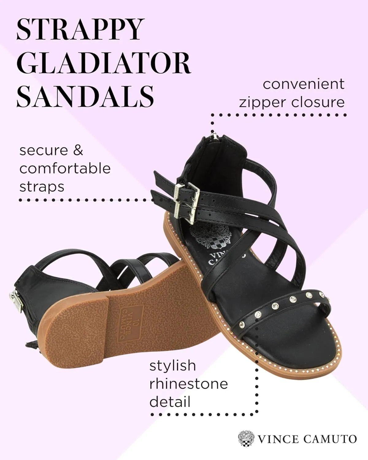 Vince Camuto Girls' Sandals - Open Toe Summer Shoes Flat Strappy Gladiator Sandals with Back Zipper and Adjustable Buckles