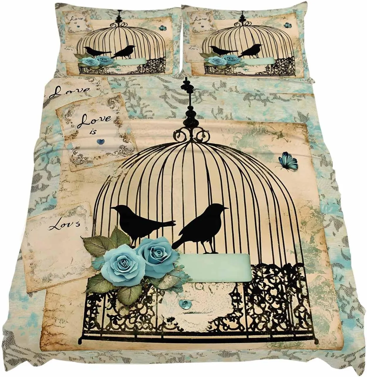 Vintage Bird Cage King Sheet Set 4 Piece Bedding - Retro Floral Pattern Breathable Comfy Cooling Bed Sheets & Pillowcase Sets, Hotel Luxury Flat Sheets Deep Pockets Fitted Sheet for Women Men
