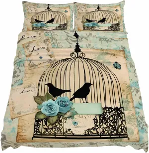 Vintage Bird Cage King Sheet Set 4 Piece Bedding - Retro Floral Pattern Breathable Comfy Cooling Bed Sheets & Pillowcase Sets, Hotel Luxury Flat Sheets Deep Pockets Fitted Sheet for Women Men