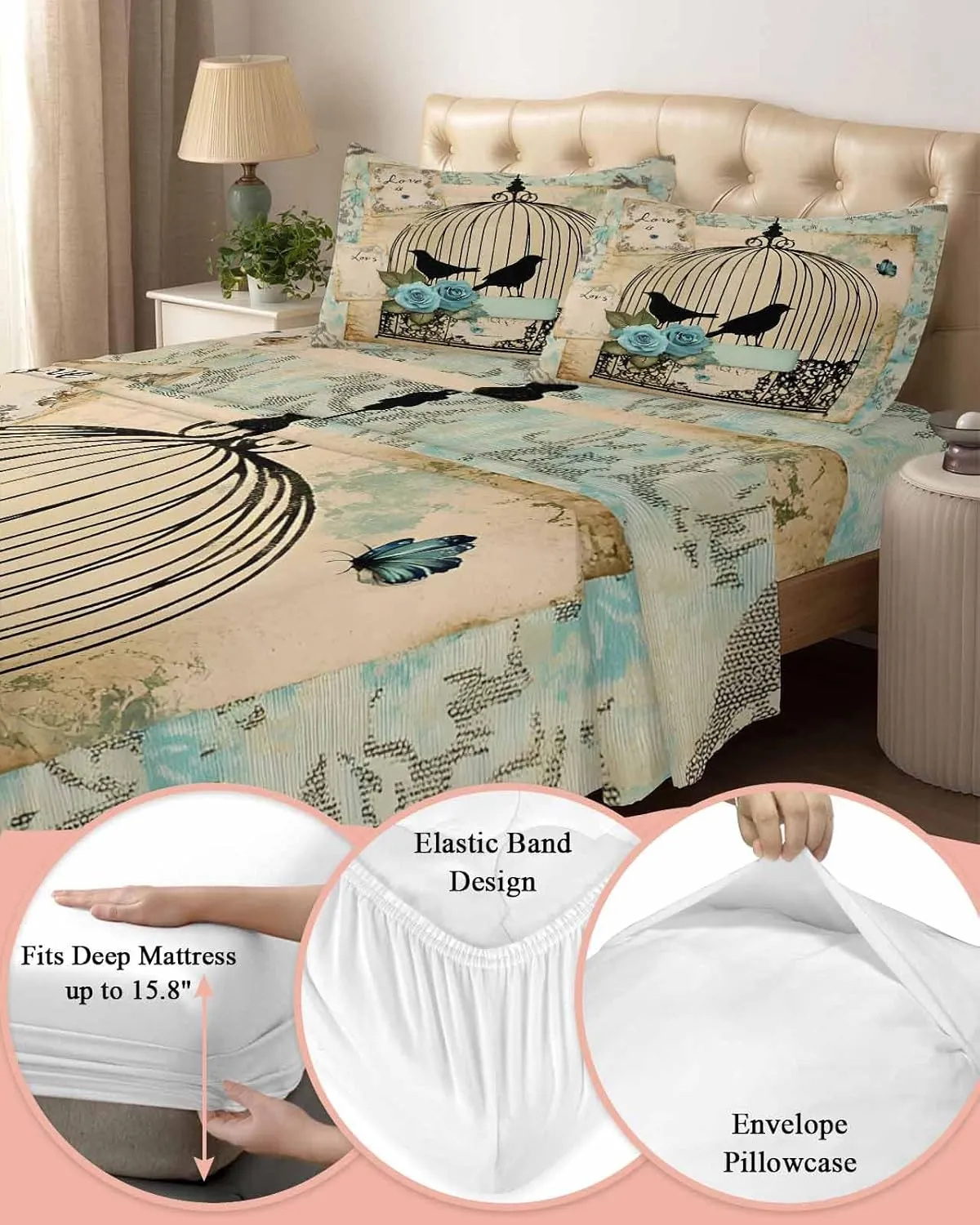 Vintage Bird Cage King Sheet Set 4 Piece Bedding - Retro Floral Pattern Breathable Comfy Cooling Bed Sheets & Pillowcase Sets, Hotel Luxury Flat Sheets Deep Pockets Fitted Sheet for Women Men