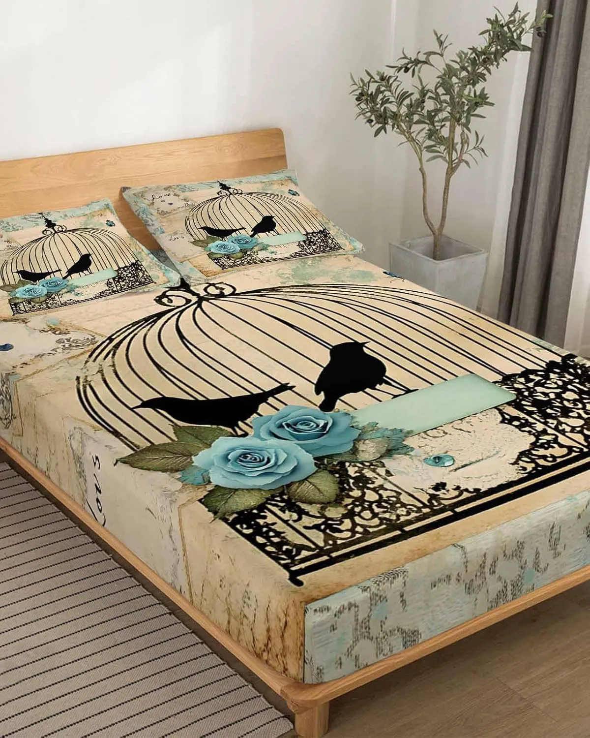 Vintage Bird Cage King Sheet Set 4 Piece Bedding - Retro Floral Pattern Breathable Comfy Cooling Bed Sheets & Pillowcase Sets, Hotel Luxury Flat Sheets Deep Pockets Fitted Sheet for Women Men