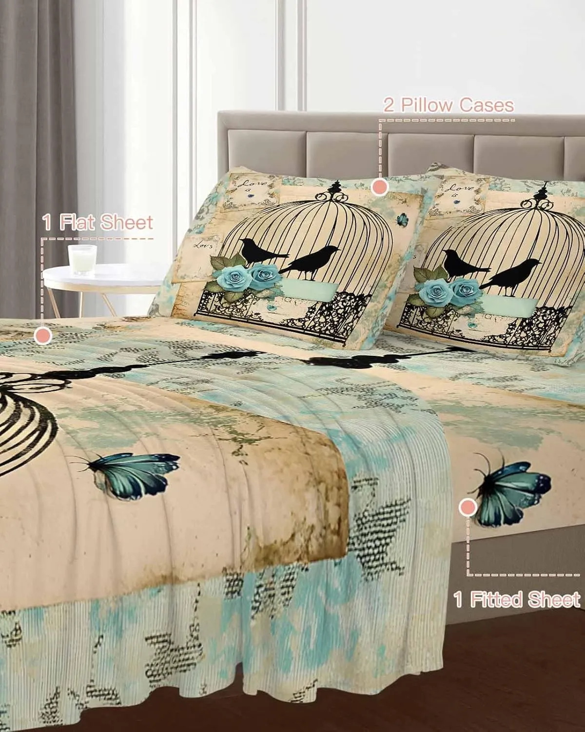 Vintage Bird Cage King Sheet Set 4 Piece Bedding - Retro Floral Pattern Breathable Comfy Cooling Bed Sheets & Pillowcase Sets, Hotel Luxury Flat Sheets Deep Pockets Fitted Sheet for Women Men