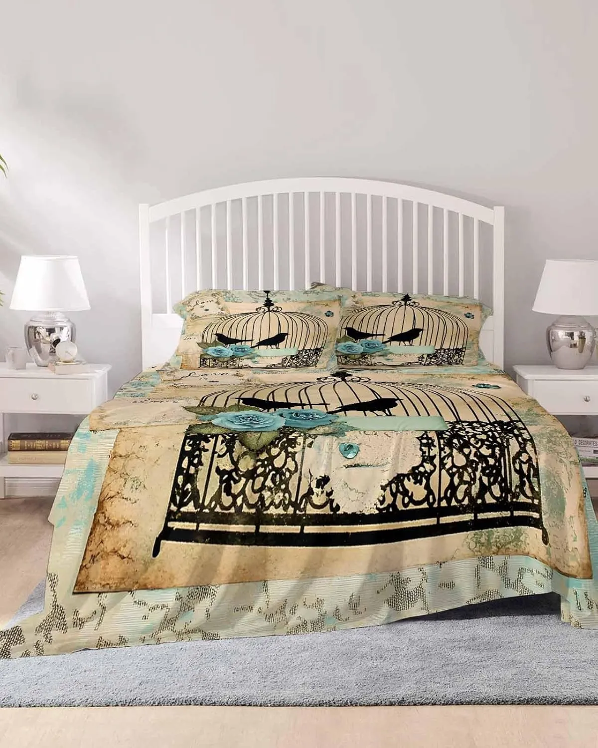Vintage Bird Cage King Sheet Set 4 Piece Bedding - Retro Floral Pattern Breathable Comfy Cooling Bed Sheets & Pillowcase Sets, Hotel Luxury Flat Sheets Deep Pockets Fitted Sheet for Women Men