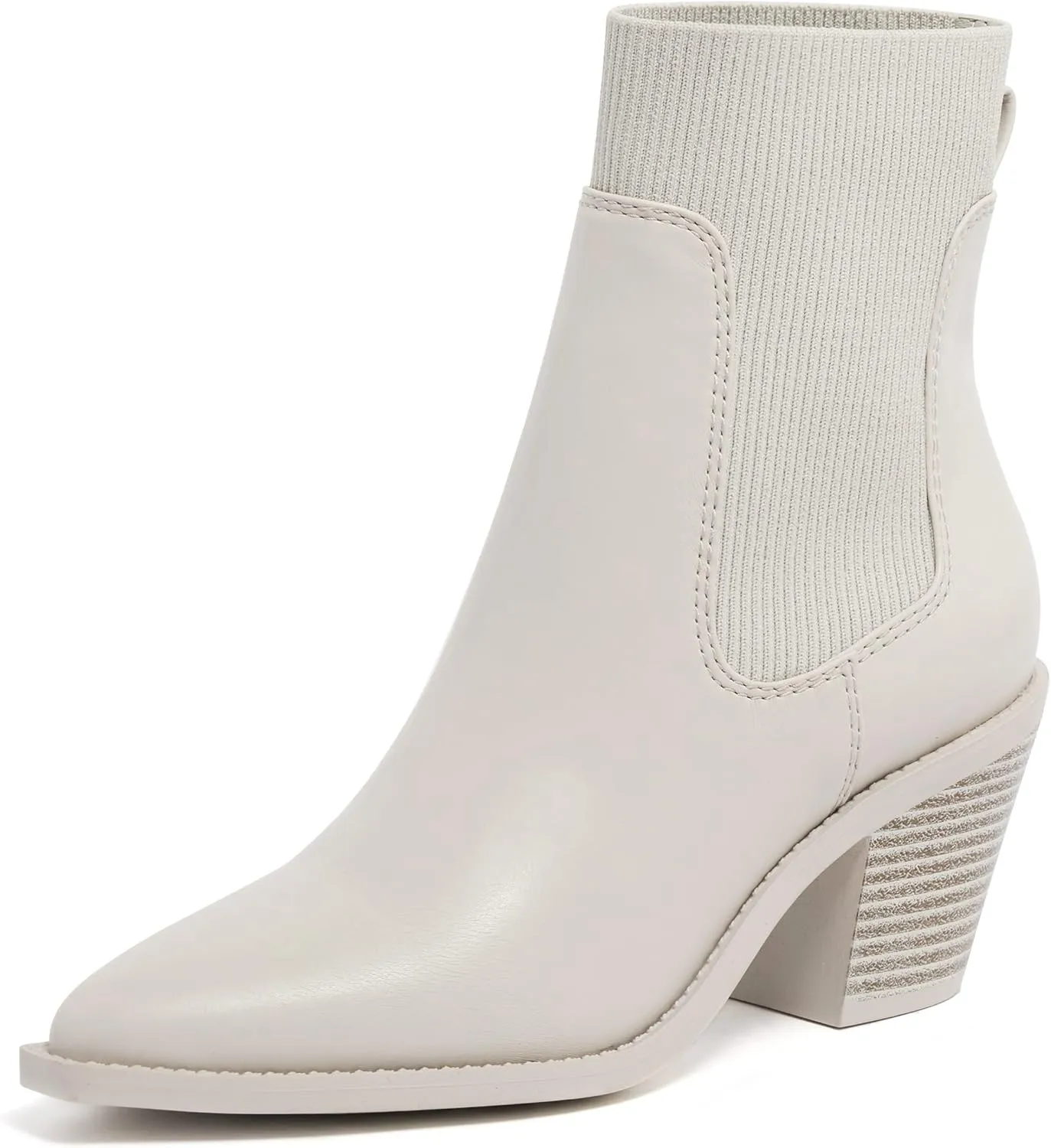 vodvob Womens Ankle Boots Slip on Pointed Toe Chunky Block Heel Elastic Panel Casual Chelsea Suede Booties