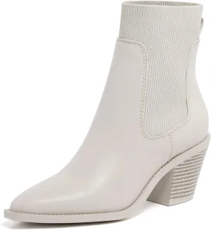 vodvob Womens Ankle Boots Slip on Pointed Toe Chunky Block Heel Elastic Panel Casual Chelsea Suede Booties