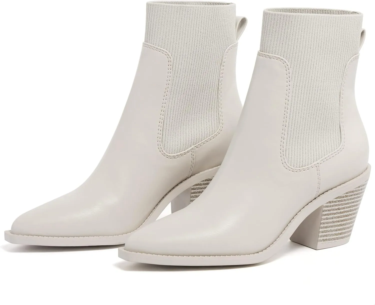 vodvob Womens Ankle Boots Slip on Pointed Toe Chunky Block Heel Elastic Panel Casual Chelsea Suede Booties
