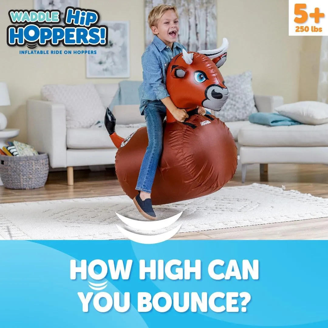 WADDLE Hip Hoppers Bouncy Hopper Inflatable Hopping Animal Bouncer, Supports Up to 250 Pounds, Ages 5 and Up (Brown Bull)