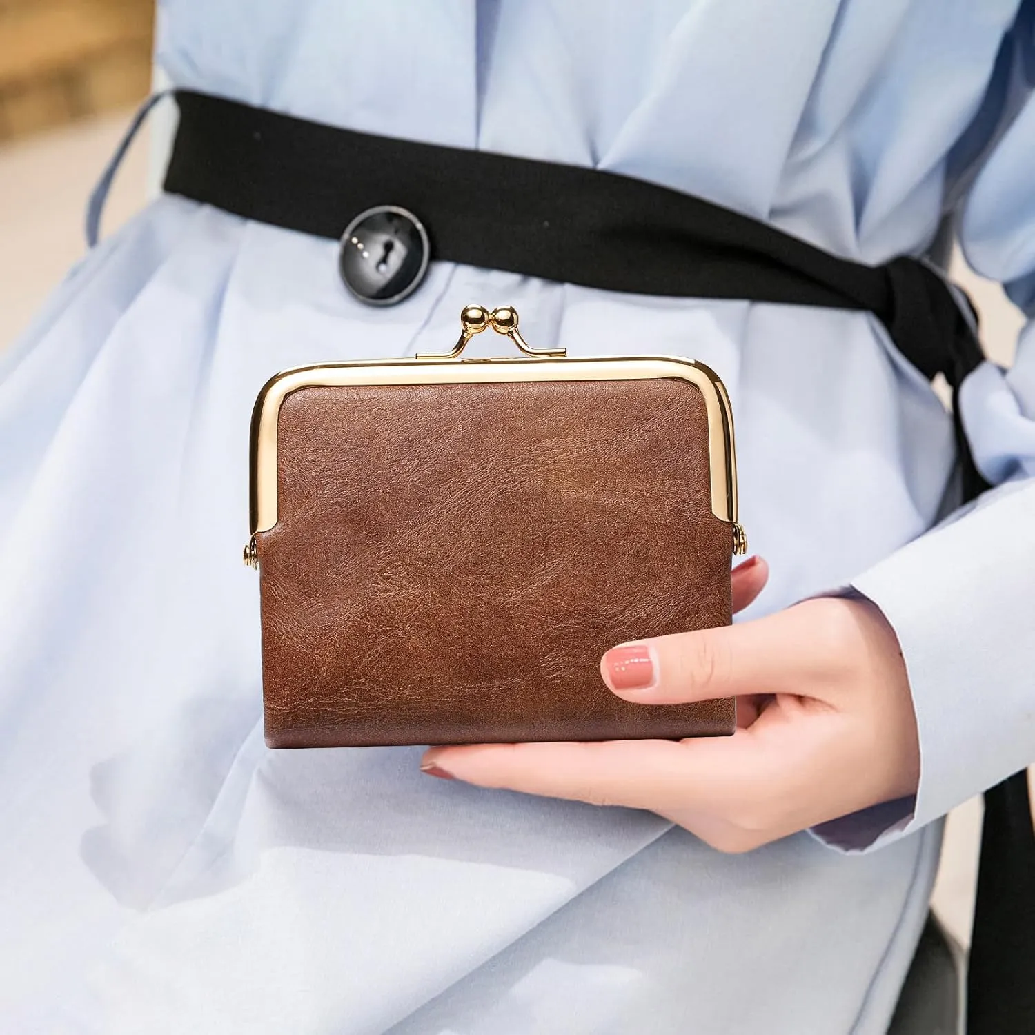 Wallet Women Small RFID Blocking Bifold Leather Wallets for Women Vintage Coin Purse With Zipper and Kiss Lock