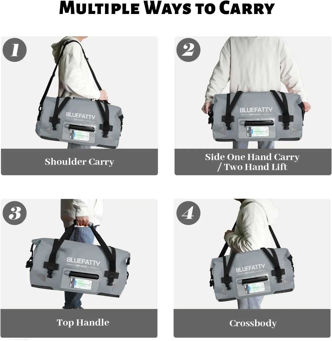 Waterproof Motorcycle Duffel Bag Roll Top Dry Duffel Bag with Quick-fixed Straps for Rafting, Boating, Kayaking, Travel, 50L(Grey)