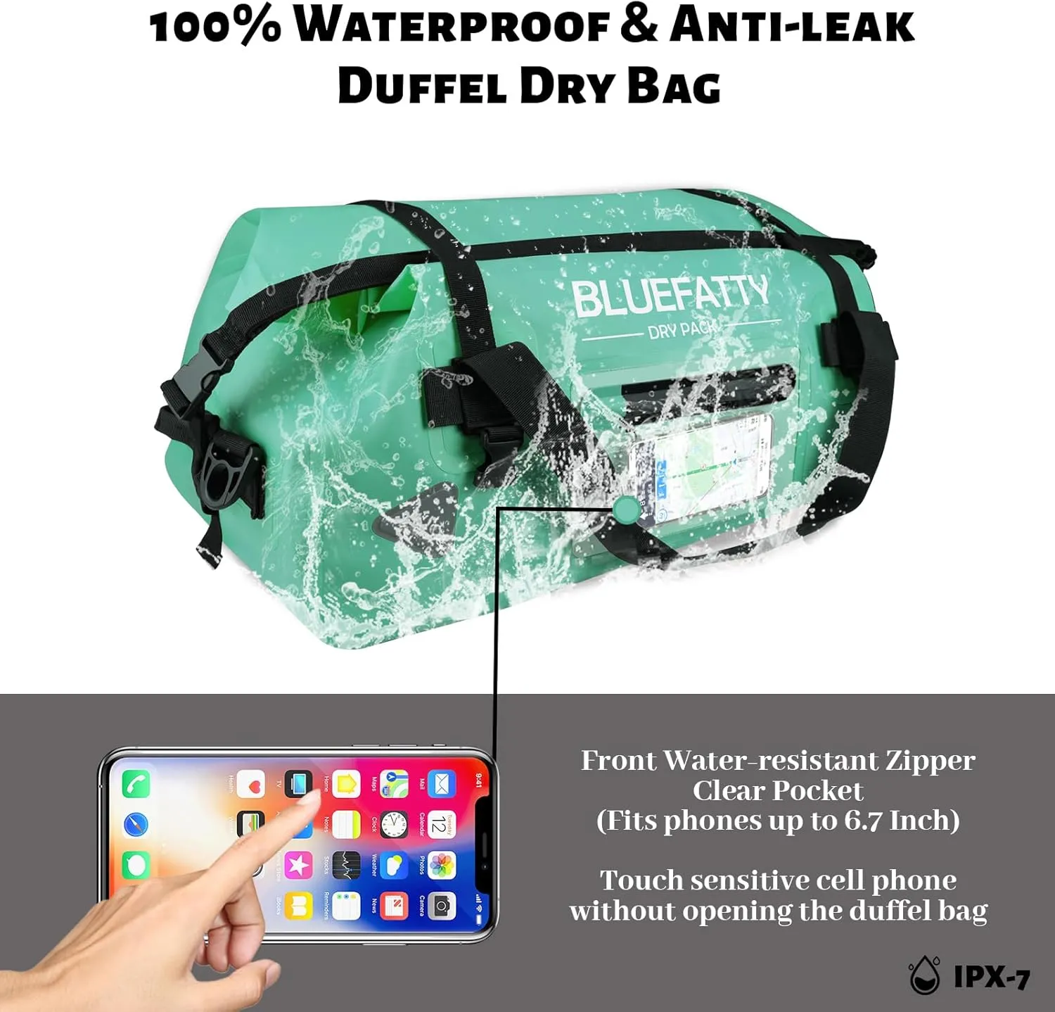 Waterproof Motorcycle Duffel Bag Roll Top Dry Duffel Bag with Quick-fixed Straps for Rafting, Boating, Kayaking, Travel, 50L(Ocean Green)