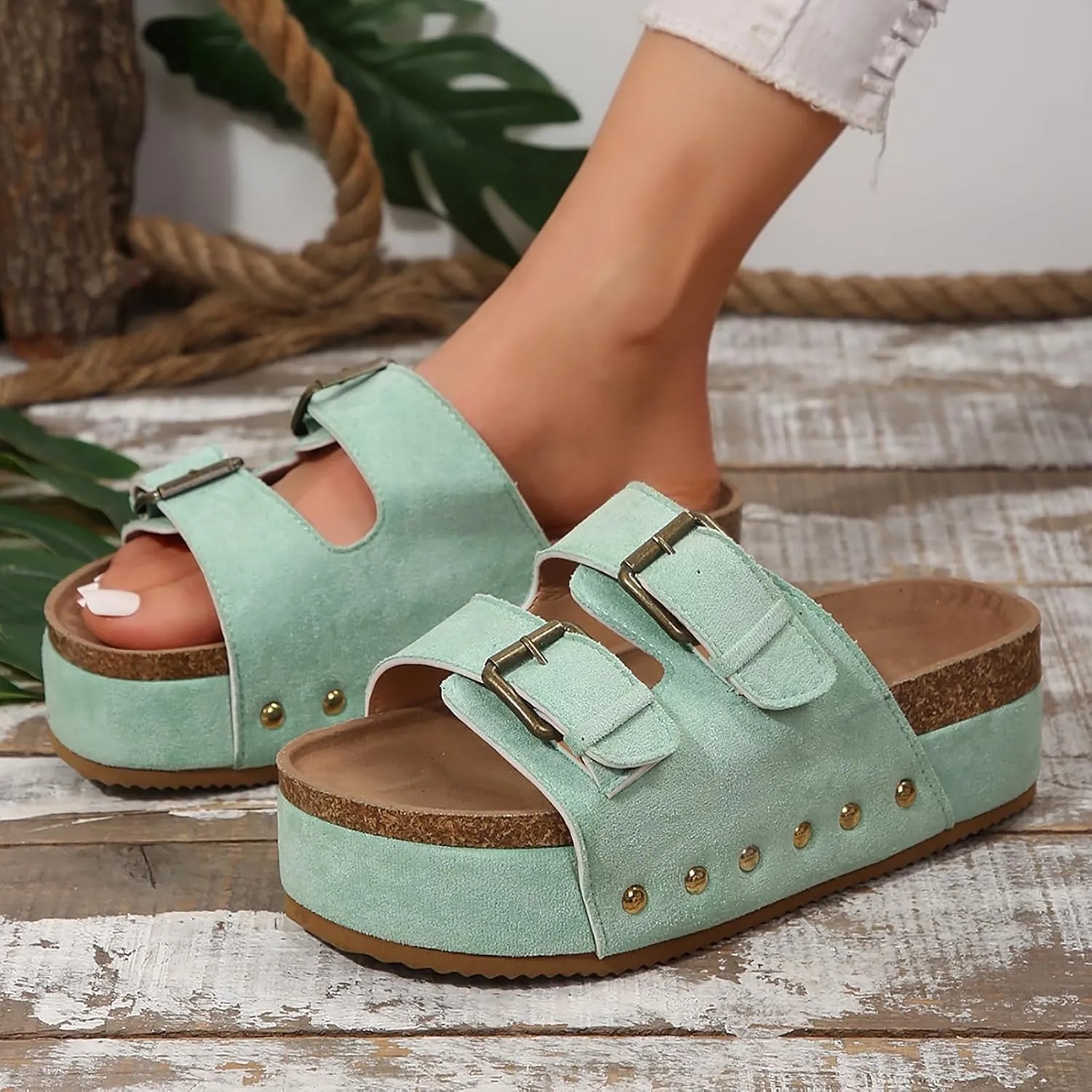 Wedge Sandals for Women Dressy Platform Slides Double Buckle Adjustable Open Toe Sandals with Soft Lining & Memory Foam Comfortable Beach