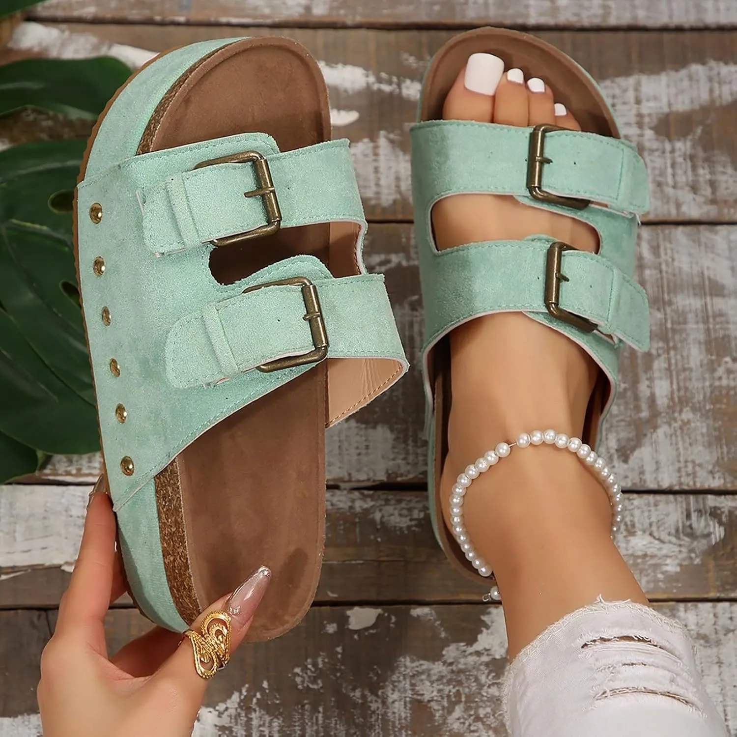 Wedge Sandals for Women Dressy Platform Slides Double Buckle Adjustable Open Toe Sandals with Soft Lining & Memory Foam Comfortable Beach