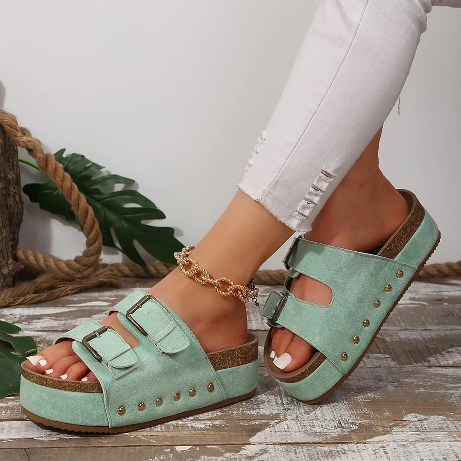 Wedge Sandals for Women Dressy Platform Slides Double Buckle Adjustable Open Toe Sandals with Soft Lining & Memory Foam Comfortable Beach
