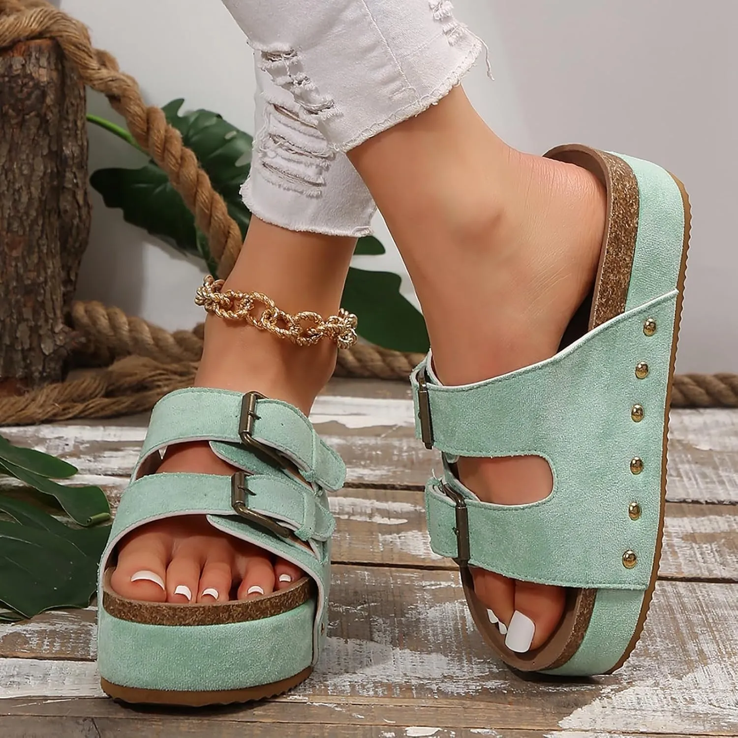 Wedge Sandals for Women Dressy Platform Slides Double Buckle Adjustable Open Toe Sandals with Soft Lining & Memory Foam Comfortable Beach