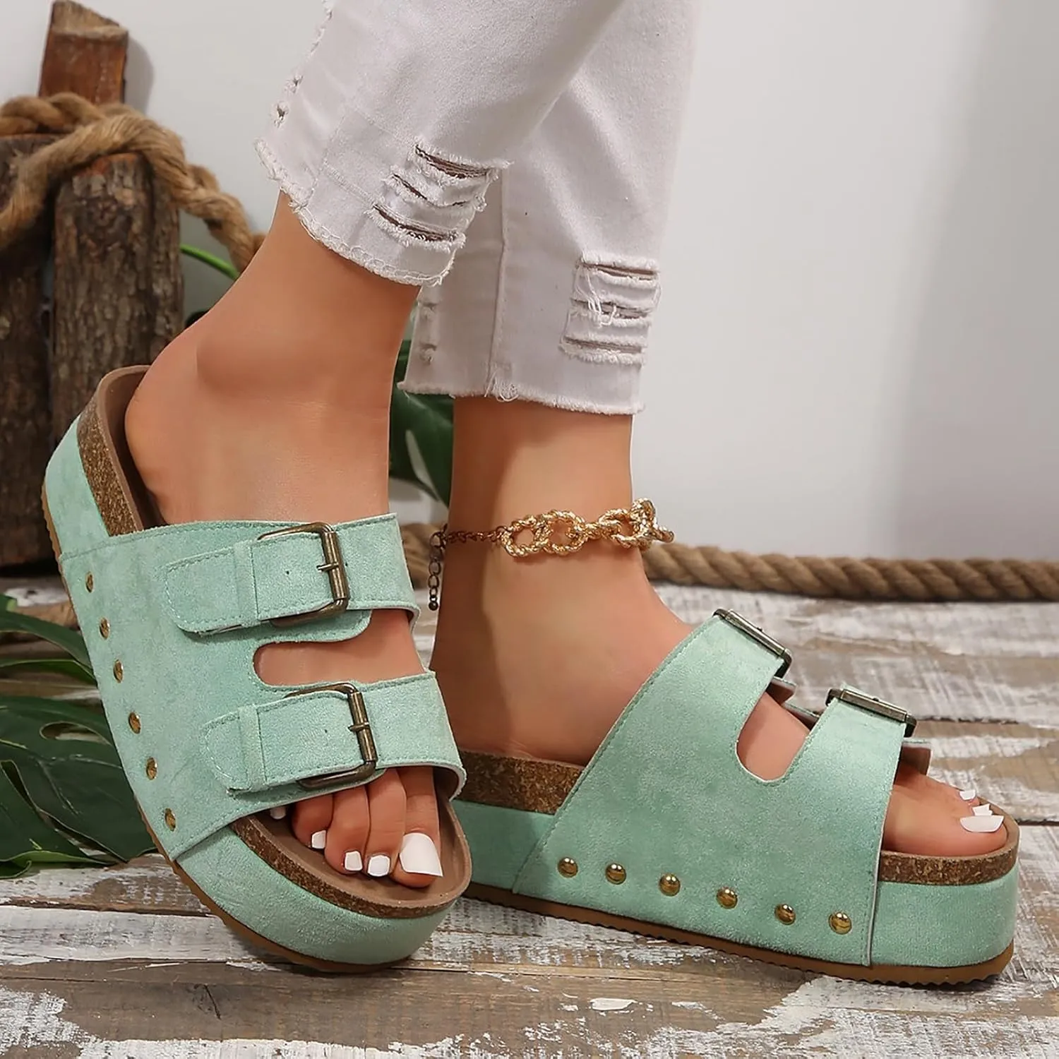 Wedge Sandals for Women Dressy Platform Slides Double Buckle Adjustable Open Toe Sandals with Soft Lining & Memory Foam Comfortable Beach