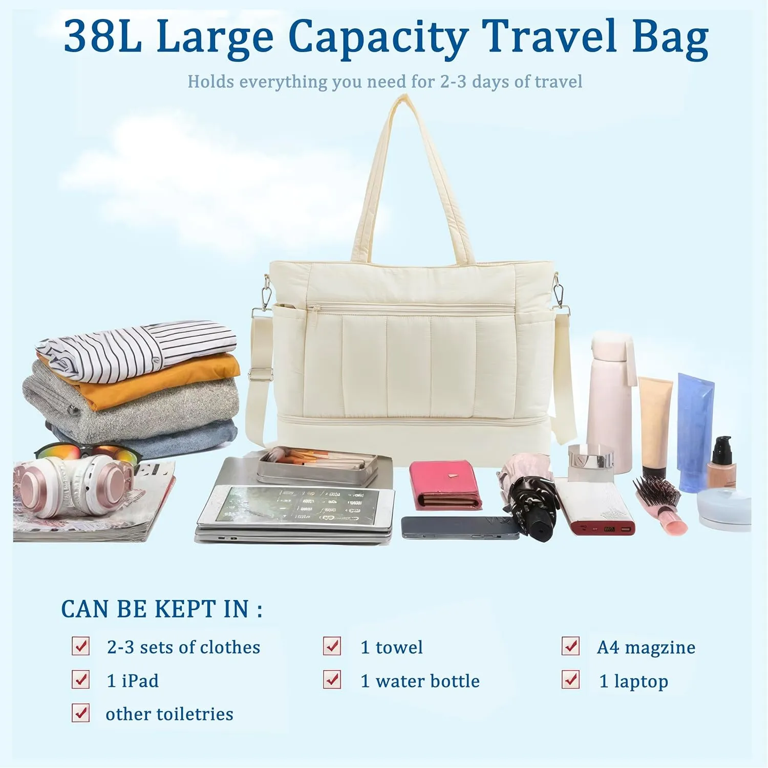 Weekender Bags for Women, Large Capacity Carry On Duffle Bag with Shoe Compartment & Wet Pocket - TSA-Approved Personal Item Bag for Air Travel, Gym, Hospital, Water-Resistant Puffer Tote (Brown)