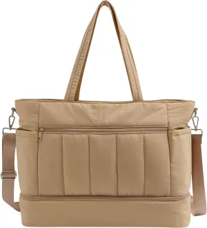 Weekender Bags for Women, Large Capacity Carry On Duffle Bag with Shoe Compartment & Wet Pocket - TSA-Approved Personal Item Bag for Air Travel, Gym, Hospital, Water-Resistant Puffer Tote (Brown)