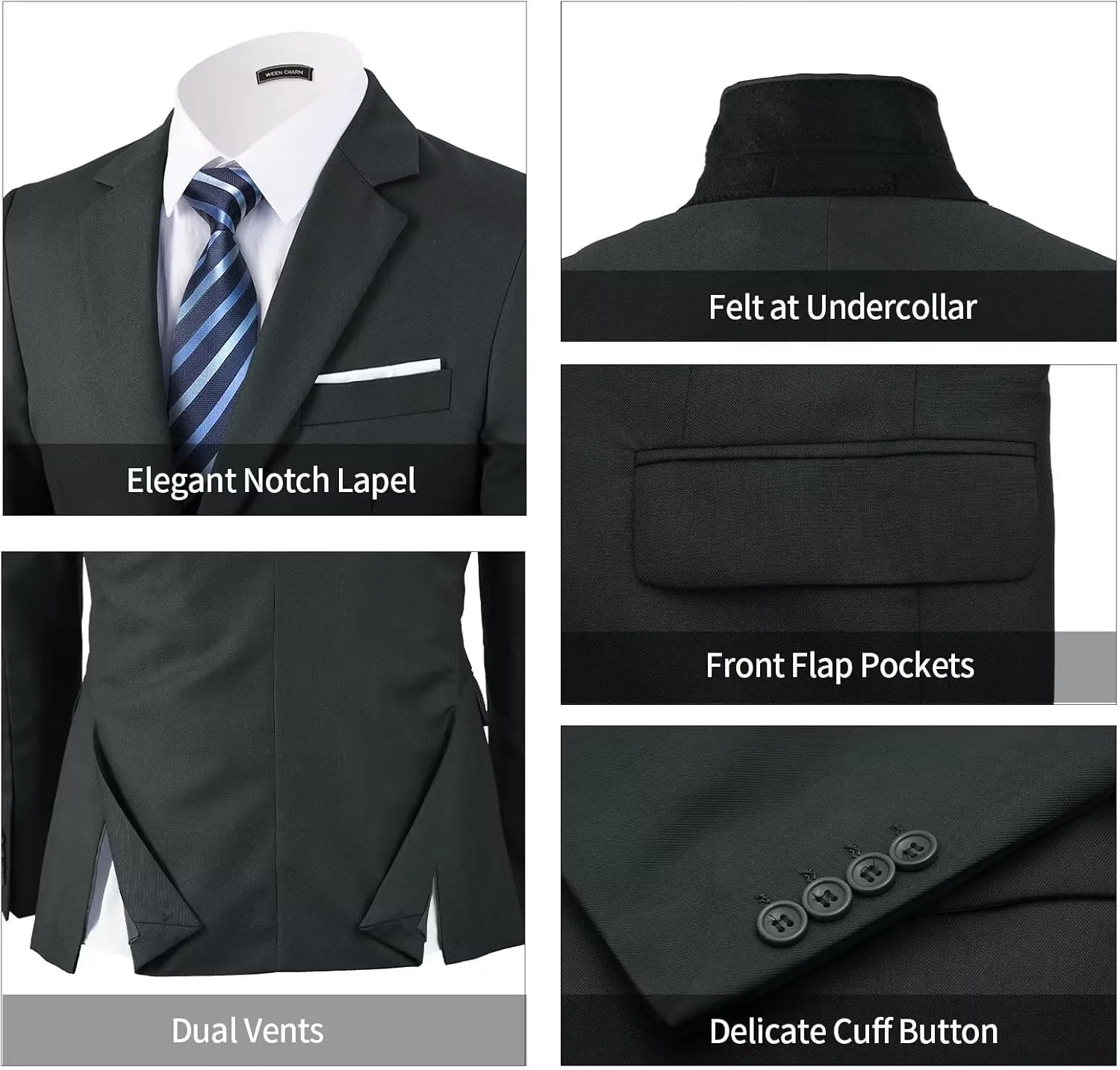 WEEN CHARM Men's 3-Piece Slim Fit Suit Set-2-Button Blazer,Vest & Pants-Formal Wedding,Prom,Party & Business Tuxedo