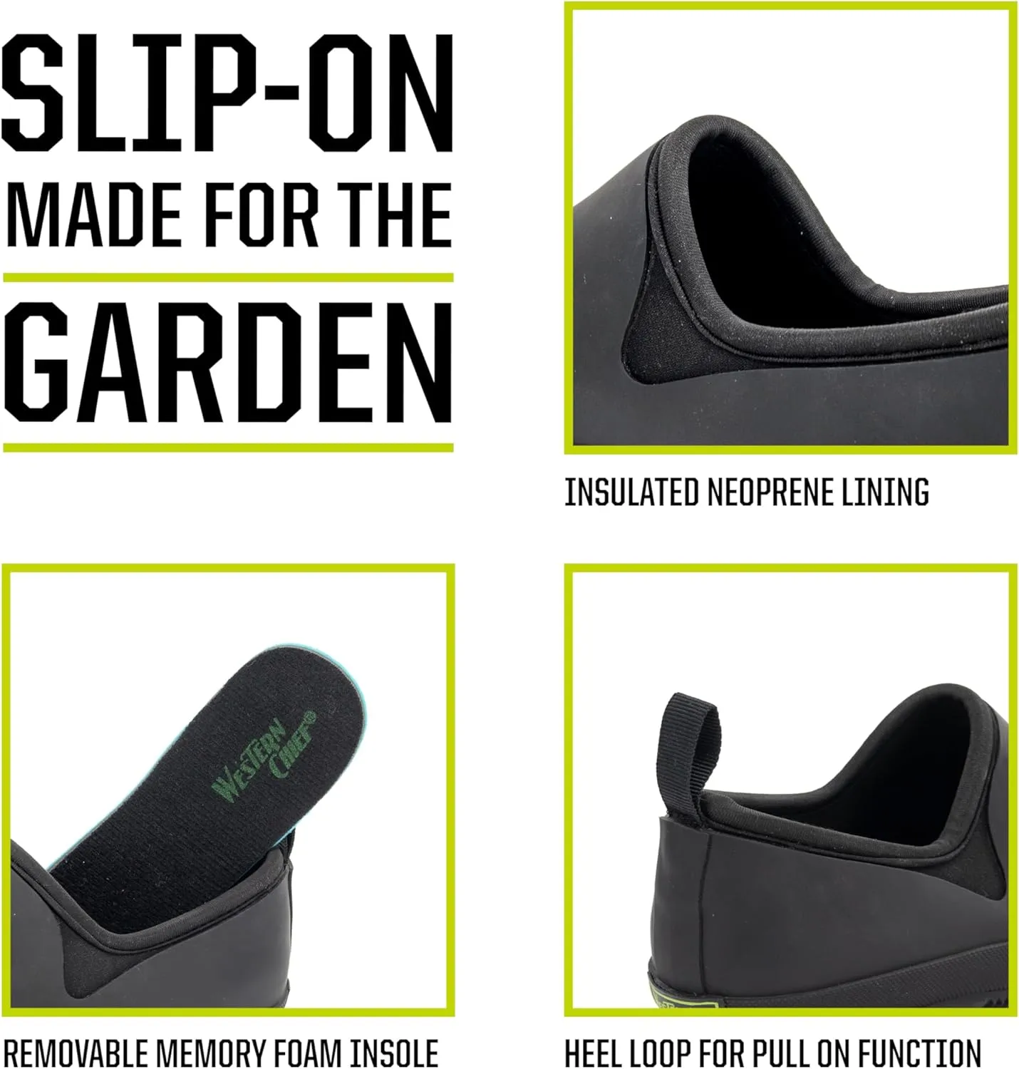 Western Chief Womens Neoprene Slip On Shoes Waterproof Rubber, Insulated Lining, Self Cleaning Outsole, Comfortable Memory Foam Insole, Easy Pull On Loops