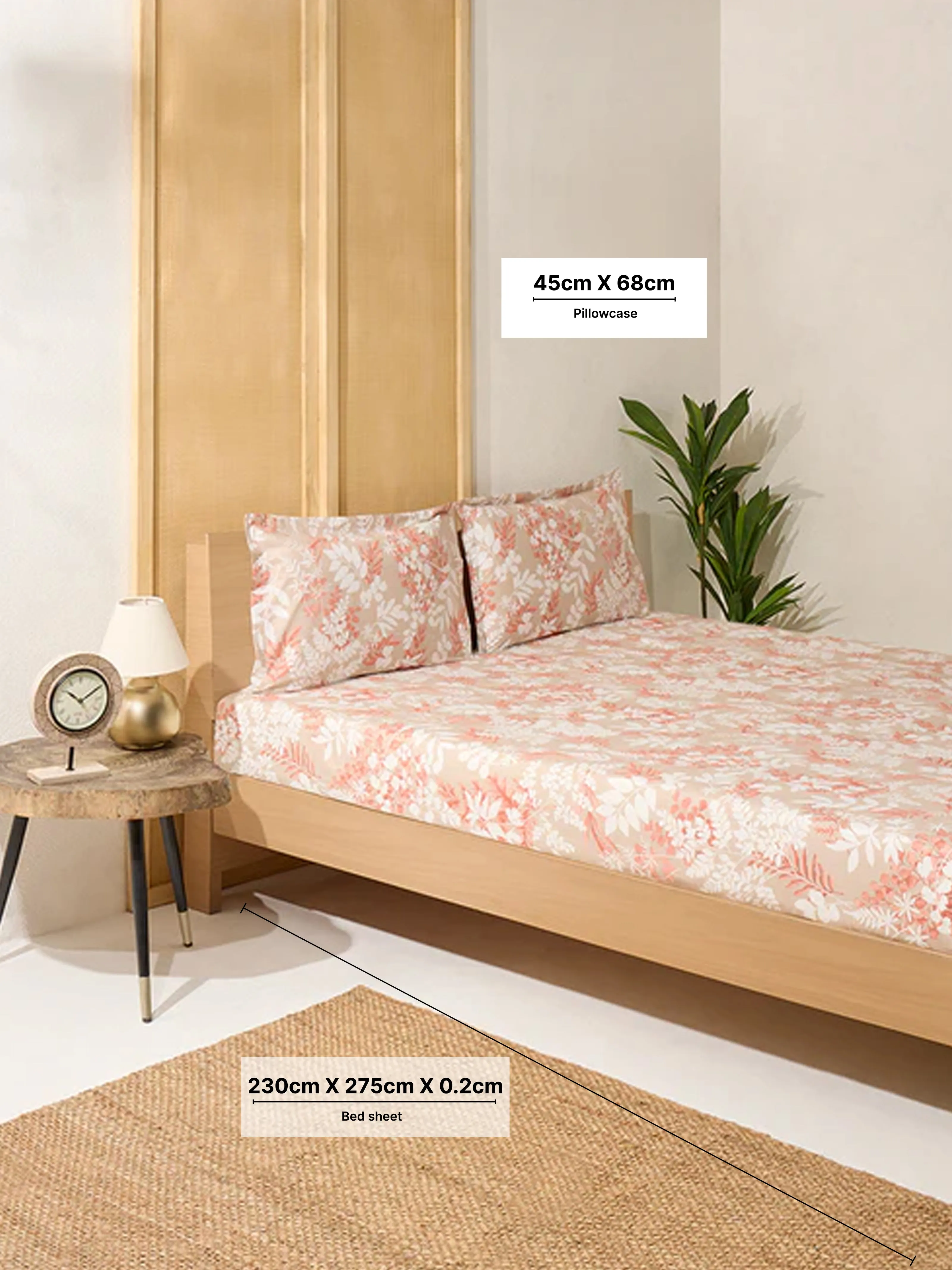 Westside Home Beige Botanical Queen Bed Flat Sheet and Pillowcase Set