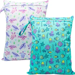 Wet Dry Bag Waterproof Reusable Wet Bag for Swimsuit, Travel, Beach, Pool, Bathing Suit, Diapers, Dirty Yoga Gym Clothes Daycare Organizer One Zippered Pocket (fish turtle)