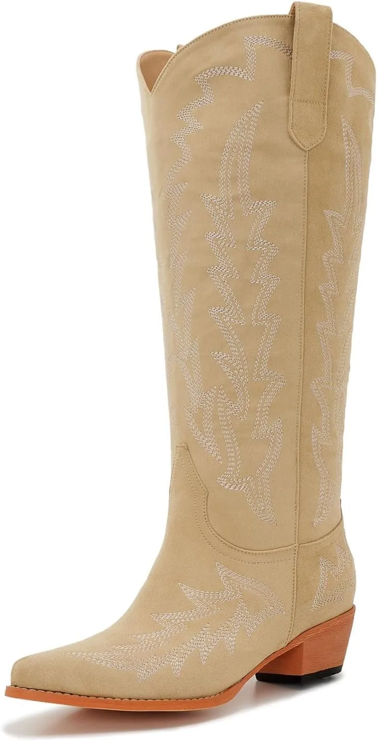 Wide Calf Cowboy Boots Women Plus Size Ladies Cowgirl Boots Knee High Tall Western Style Slip On Pointed Toe Chunky Low Heel