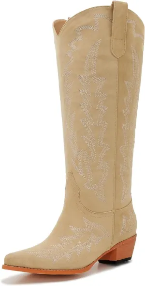 Wide Calf Cowboy Boots Women Plus Size Ladies Cowgirl Boots Knee High Tall Western Style Slip On Pointed Toe Chunky Low Heel