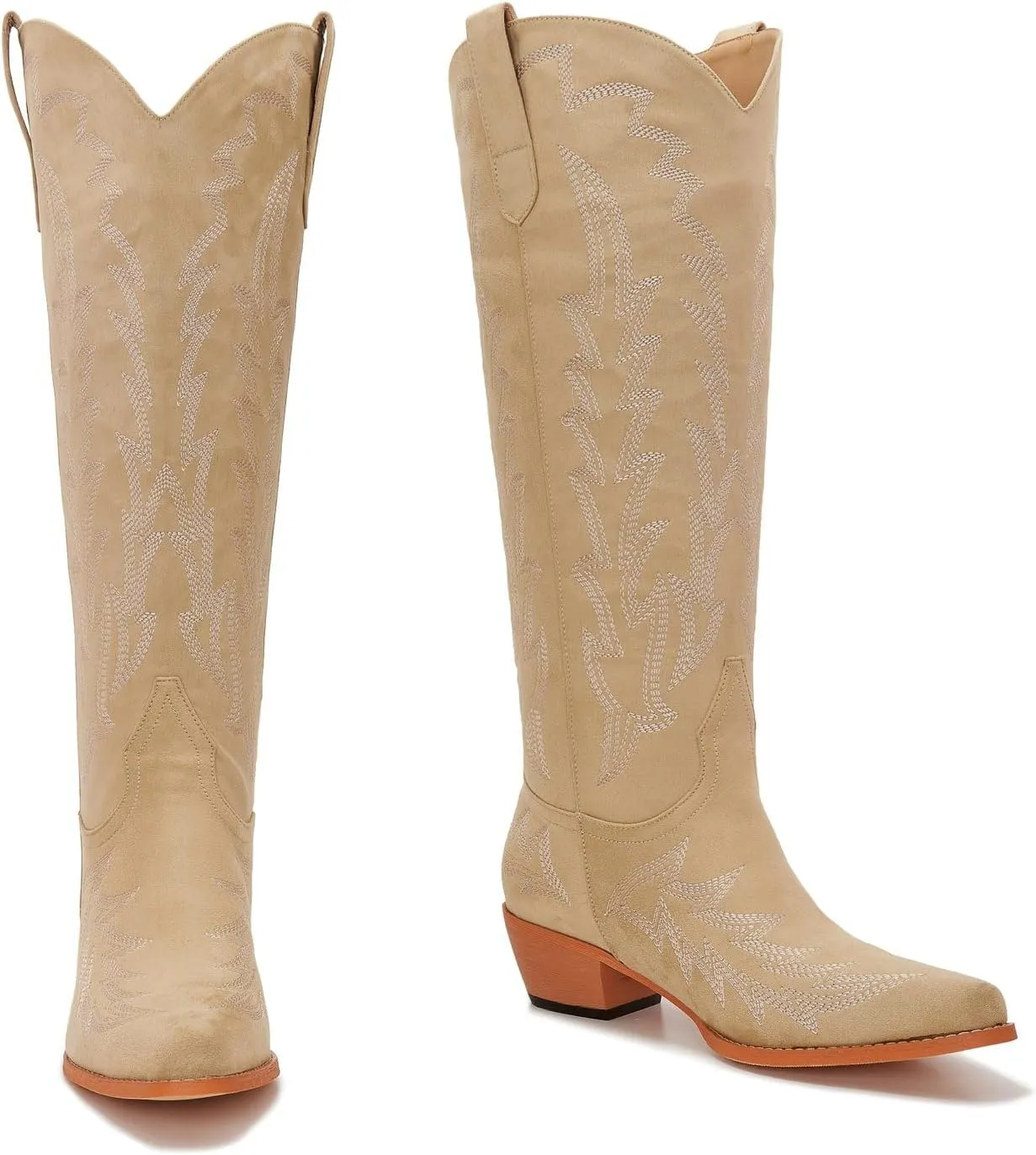Wide Calf Cowboy Boots Women Plus Size Ladies Cowgirl Boots Knee High Tall Western Style Slip On Pointed Toe Chunky Low Heel