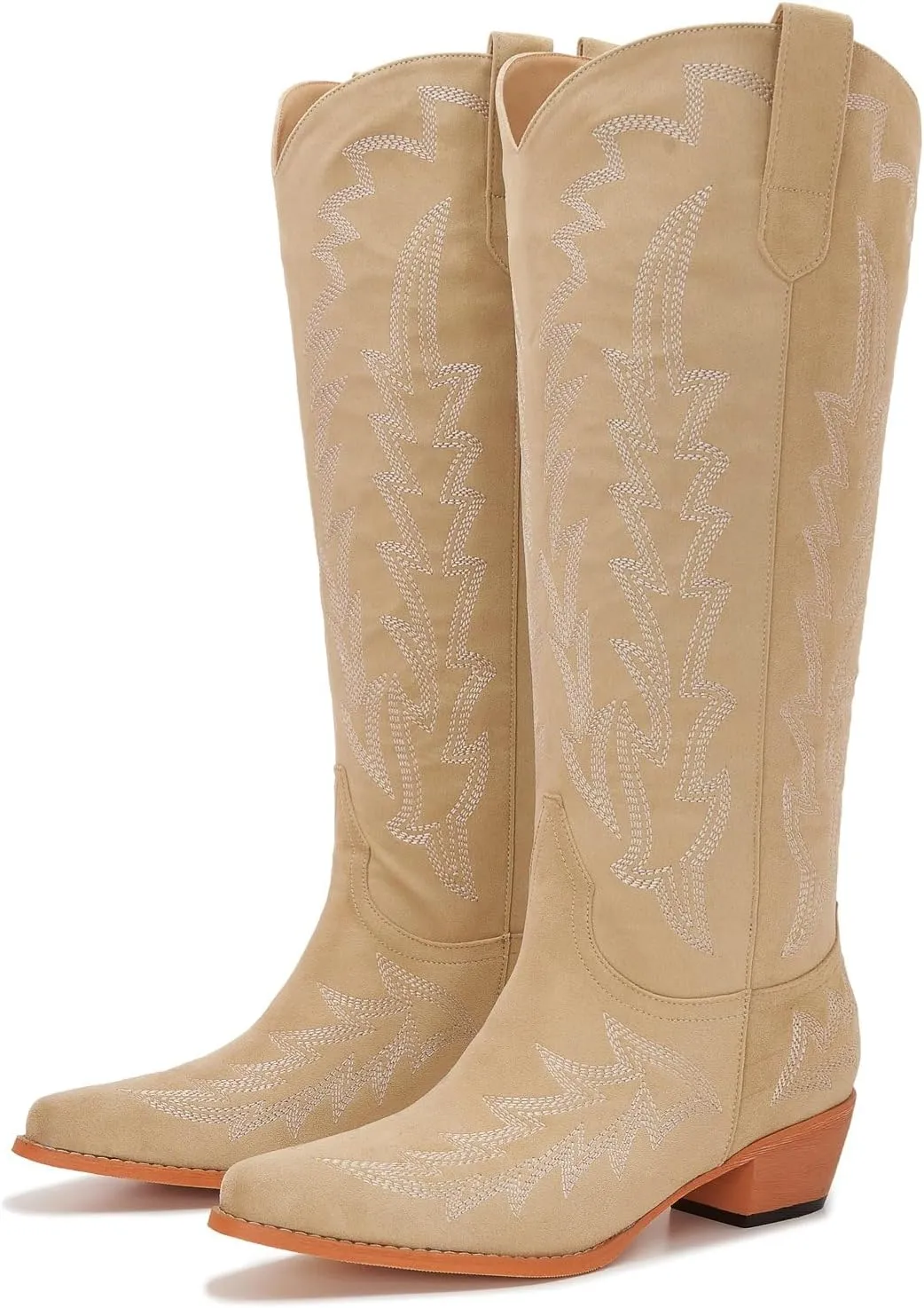 Wide Calf Cowboy Boots Women Plus Size Ladies Cowgirl Boots Knee High Tall Western Style Slip On Pointed Toe Chunky Low Heel