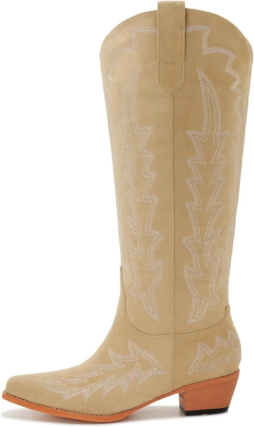 Wide Calf Cowboy Boots Women Plus Size Ladies Cowgirl Boots Knee High Tall Western Style Slip On Pointed Toe Chunky Low Heel