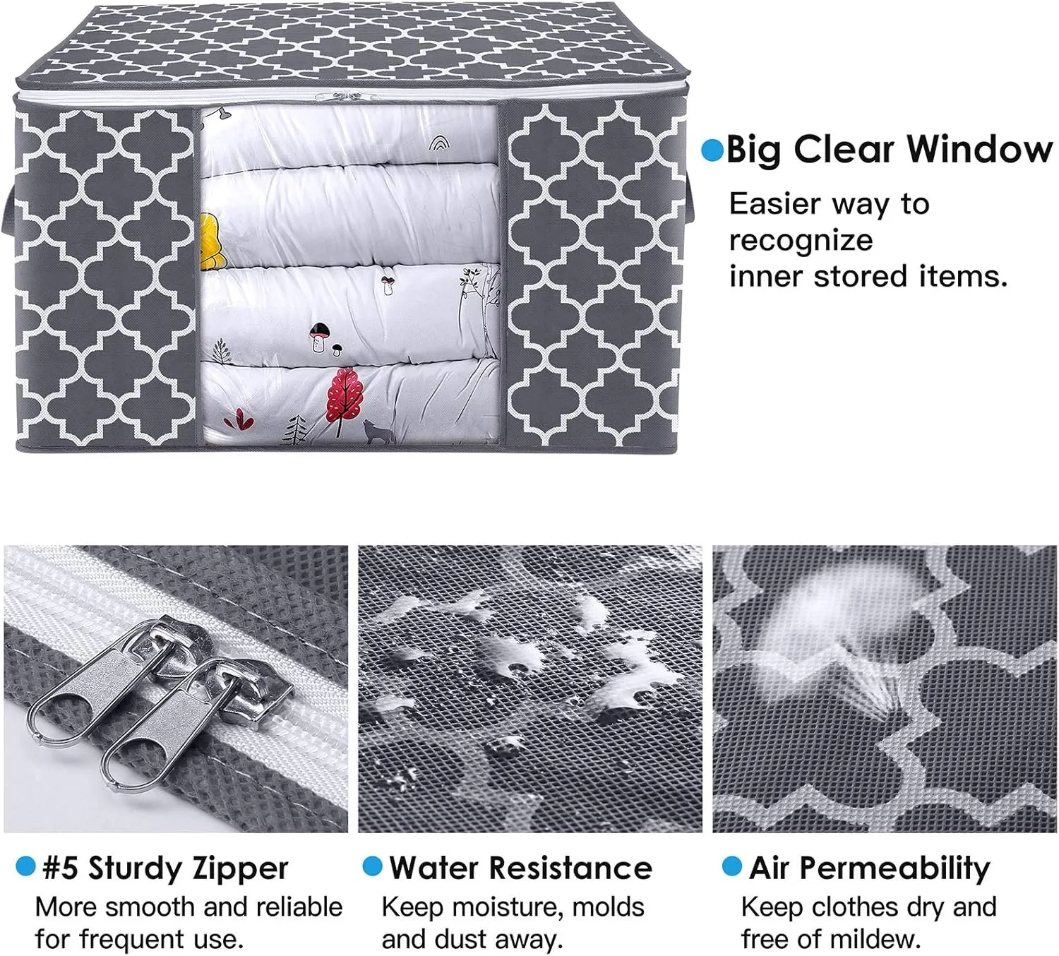 WISELIFE Storage Bags, Large Blanket Clothes Organization and Storage Containers for Bedding, Comforters, Foldable Organizer with Reinforced Handle, Clear Window,Sturdy Zippers,(Grey, 3 x 100L)