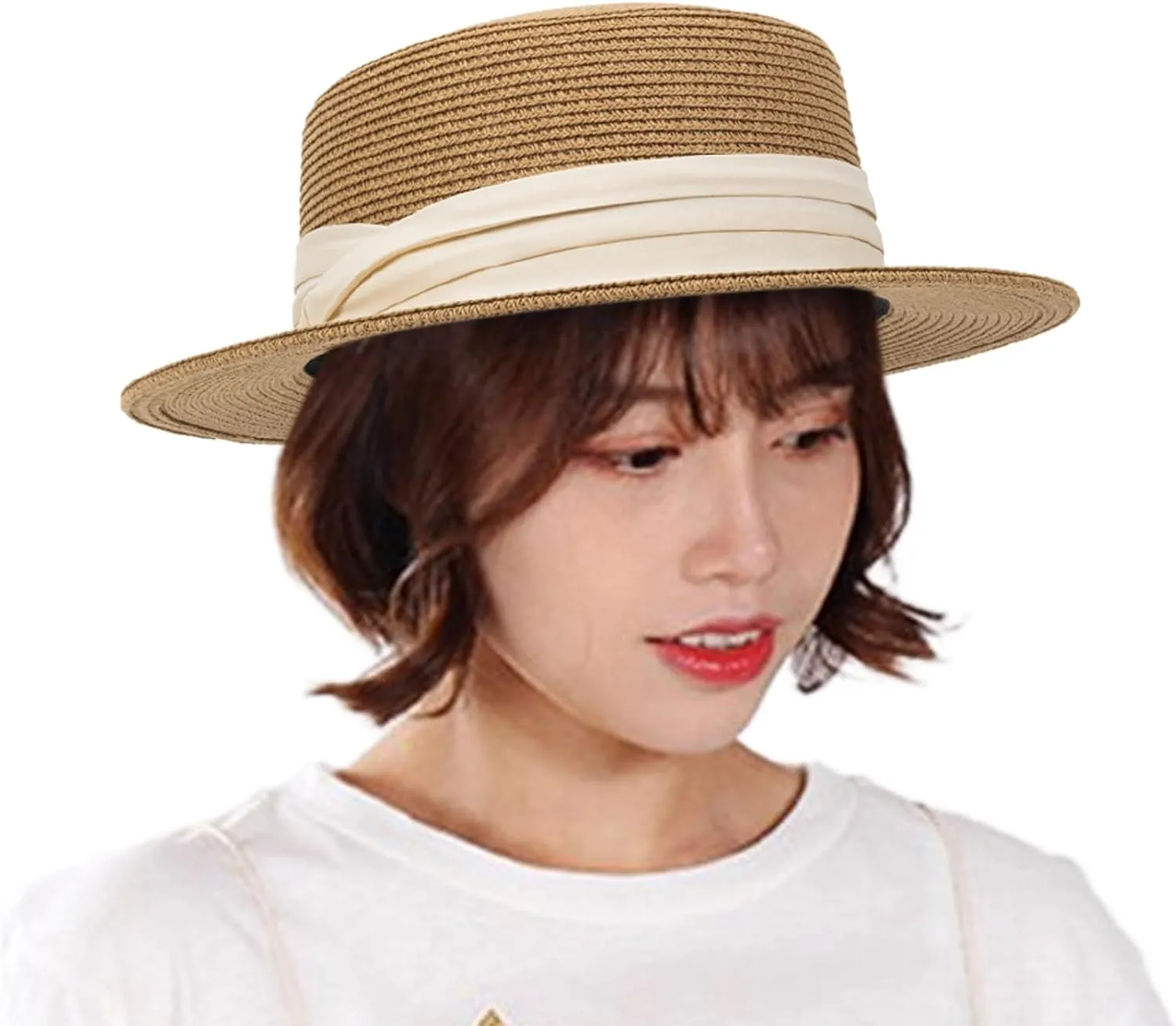 Women Beach Straw Sun Hat - Summer Classic Boater Sun Hat Panama Short Brim Fedora for Party Travel(S/M)