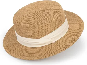 Women Beach Straw Sun Hat - Summer Classic Boater Sun Hat Panama Short Brim Fedora for Party Travel(S/M)