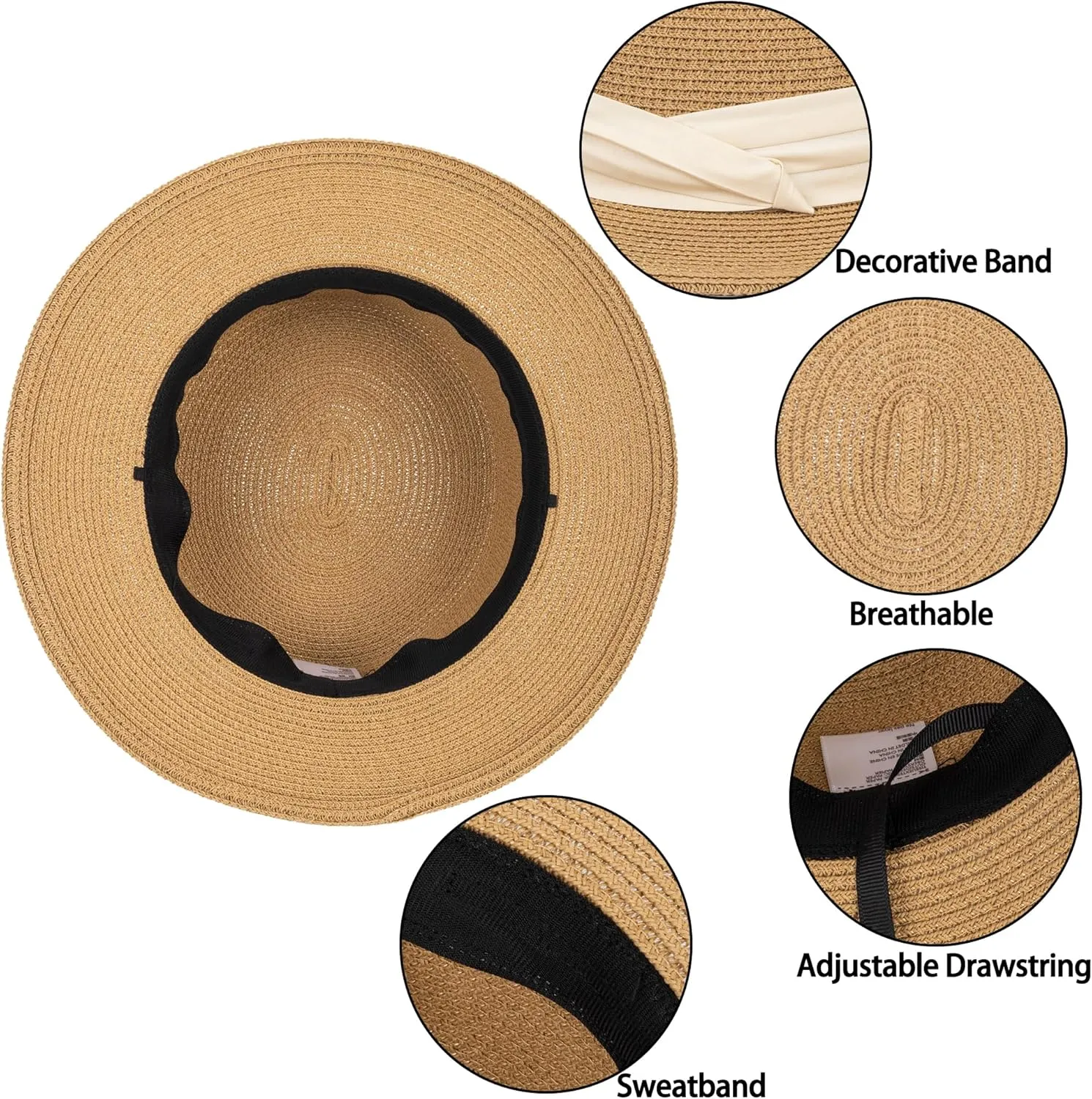 Women Beach Straw Sun Hat - Summer Classic Boater Sun Hat Panama Short Brim Fedora for Party Travel(S/M)