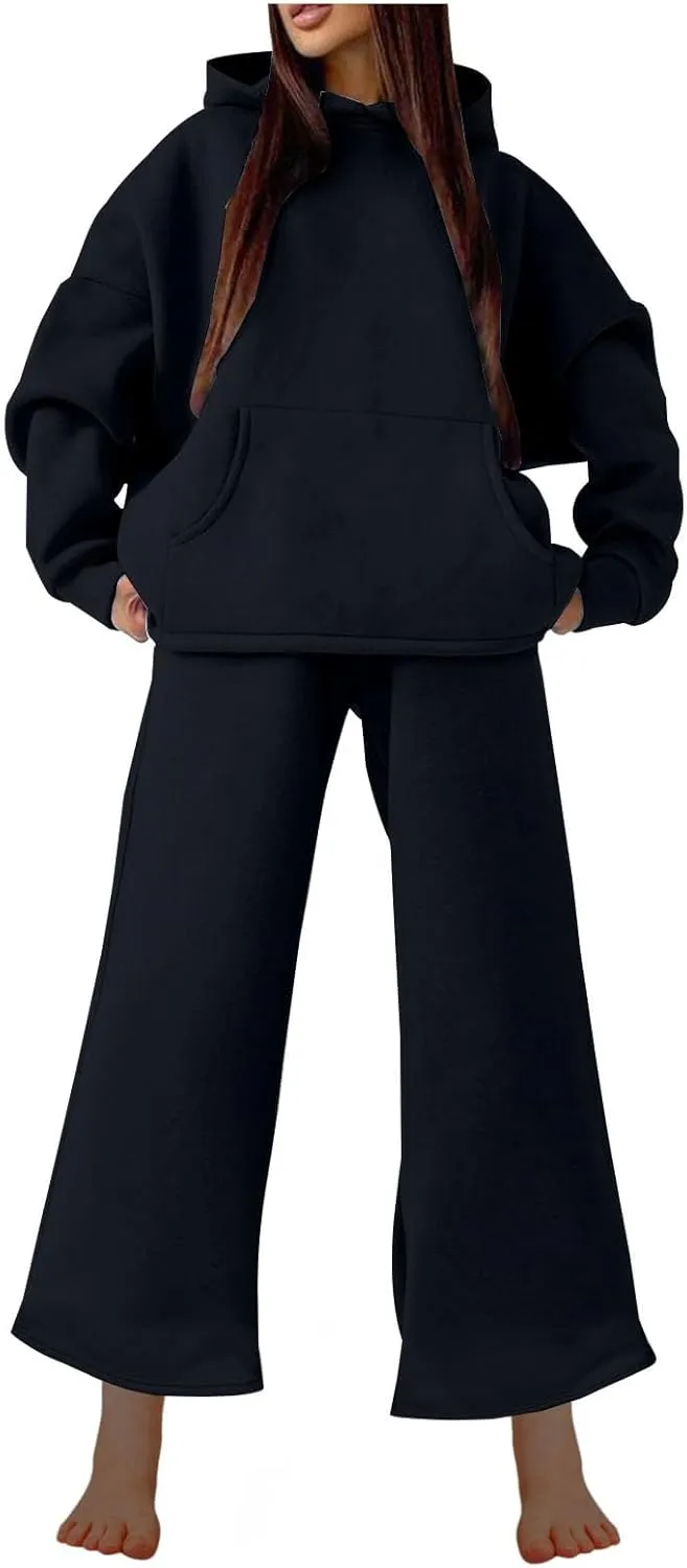 Women Oversized Sweatsuit Two Piece Outfits Plus Size Hooded Sweatshirt Wide Leg Pants Suit Casual Loungewear Sets