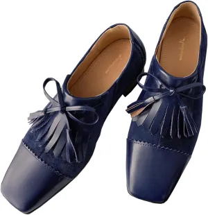 Women Tassel Loafer Flats Square Closed Toe Wingtip Bow Oxford Shoes Slip On Low Chunky Block Heel Penny Loafers Fringe Two-Toned Patchwork Dressy Vintage Office Work Shoes Chic 4-11 M US