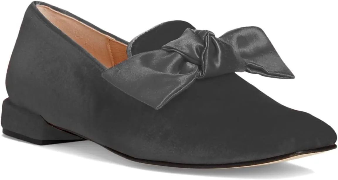 Women Velvet Bow Flats Closed Square Toe Slip On Flat Penny Loafers Comfort Bow-Knot Ballet Flats Office Ladies Work Flat Heel Dress Shoes Fashion Casual Club Driver Flats Fall 4-11 M US