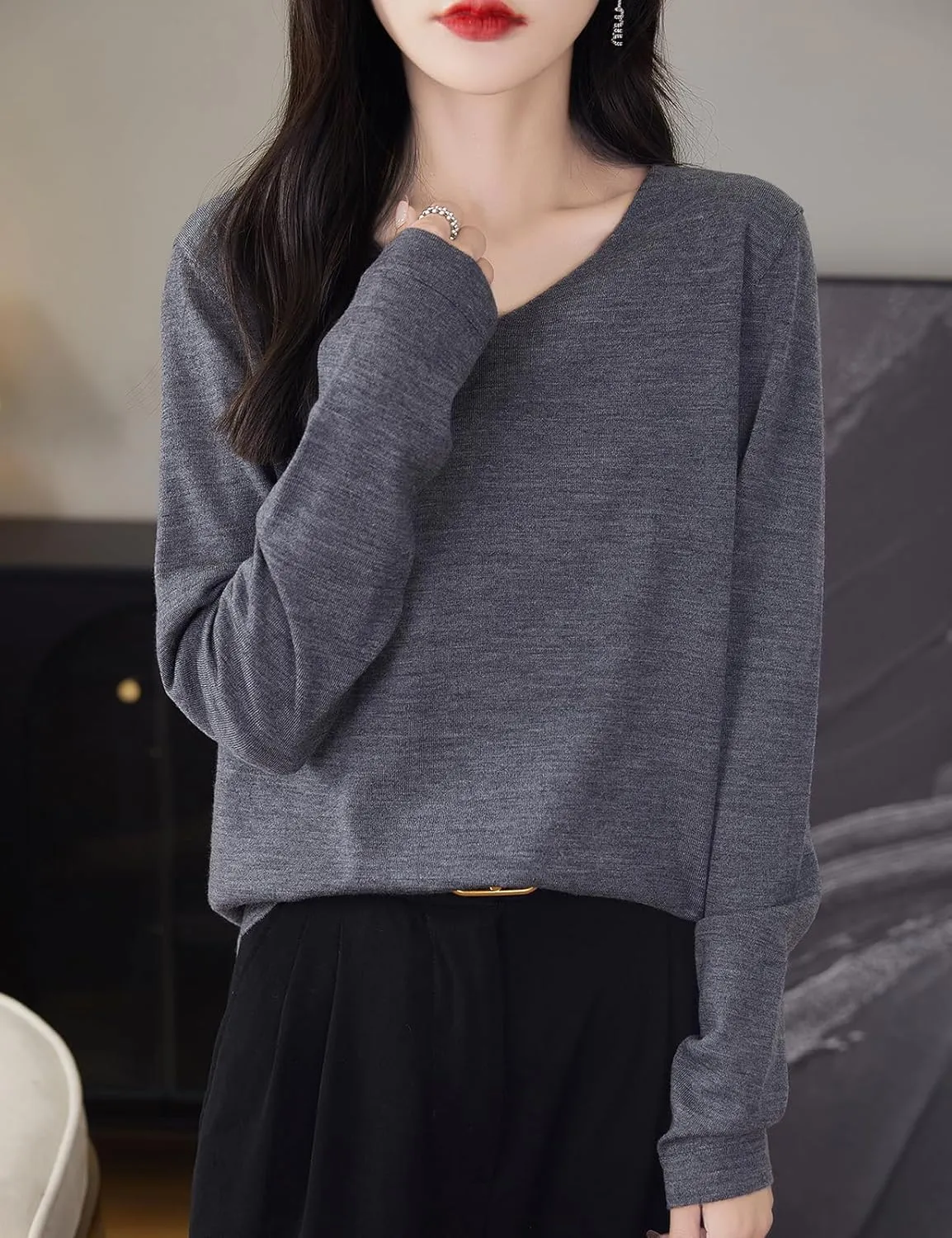 Women's 100% Merino Wool Base Layer Shirt Tops V Neck Long Sleeve Travel Hiking Tee T Shirt Pullover Sweater