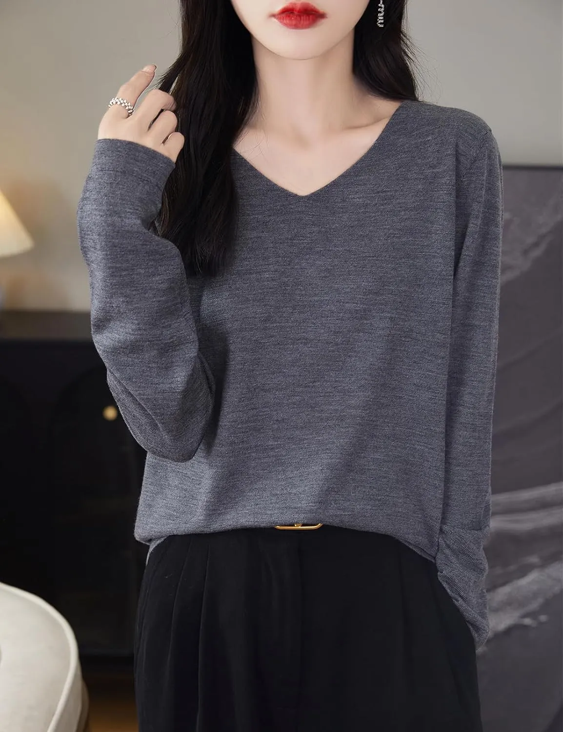 Women's 100% Merino Wool Base Layer Shirt Tops V Neck Long Sleeve Travel Hiking Tee T Shirt Pullover Sweater