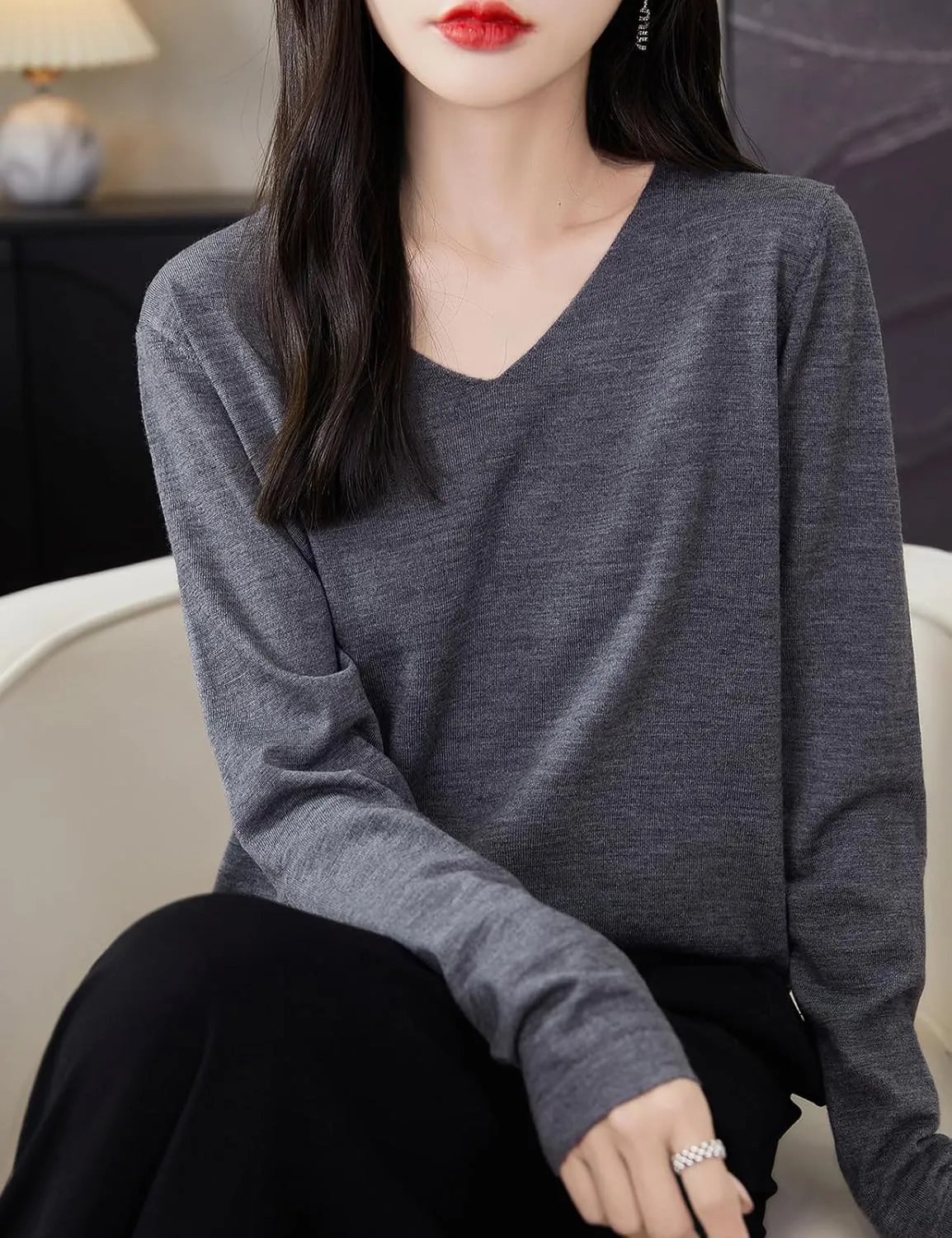 Women's 100% Merino Wool Base Layer Shirt Tops V Neck Long Sleeve Travel Hiking Tee T Shirt Pullover Sweater