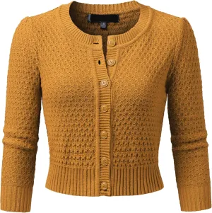 Women's 3/4 Sleeve Crew Neck Button Down Cotton Knit Cropped Cardigan Sweater (S-3XL)