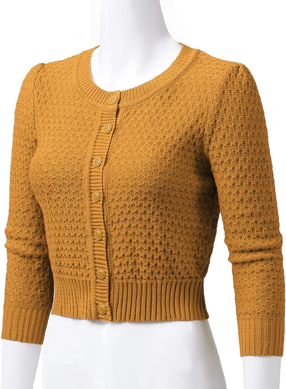 Women's 3/4 Sleeve Crew Neck Button Down Cotton Knit Cropped Cardigan Sweater (S-3XL)