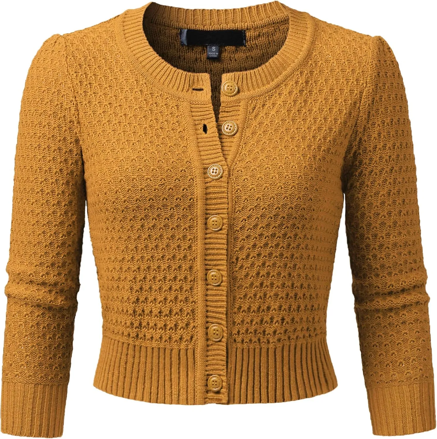 Women's 3/4 Sleeve Crew Neck Button Down Cotton Knit Cropped Cardigan Sweater (S-3XL)