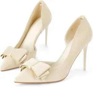 Womens Bow Heels Closed Pointed Toe Dress Shoes Stiletto Slip on Wedding Pumps