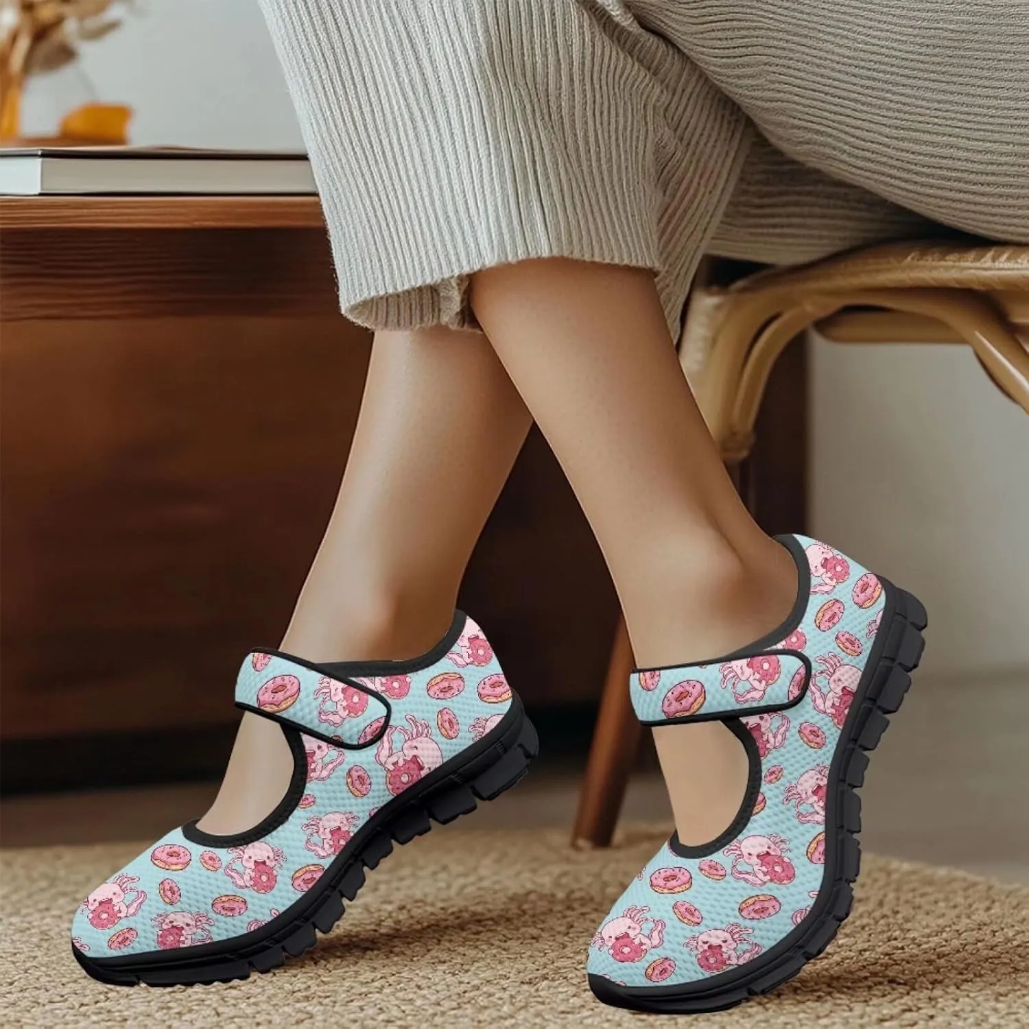 Women's Casual Walking Sneakers Lightweight Breathable Flat Mary Jane Shoes with One Strap